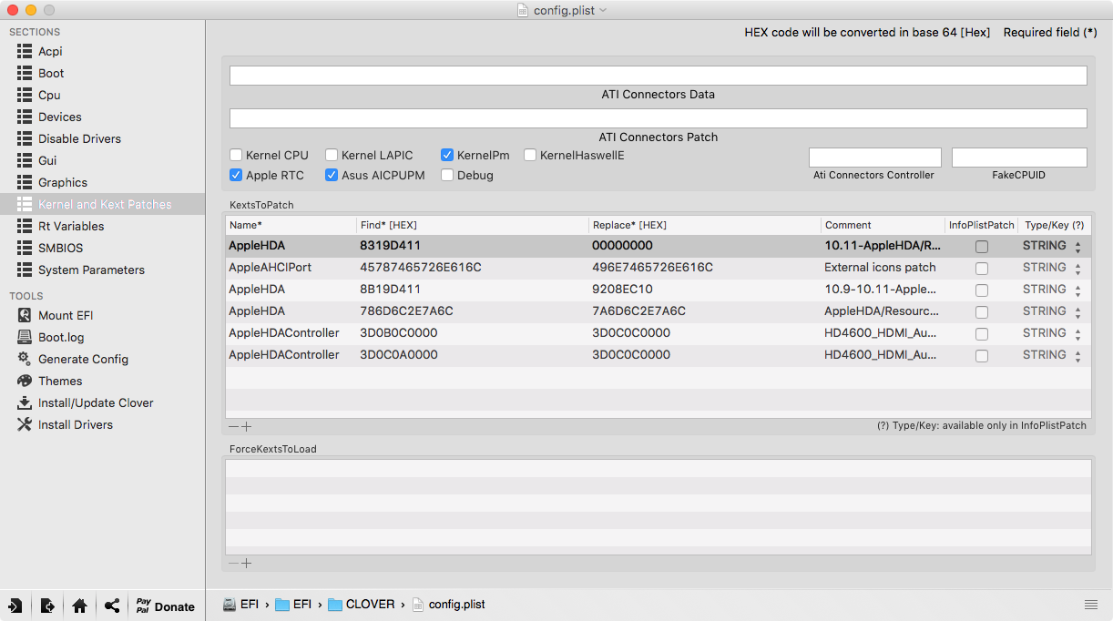 Clover Configurator: Kernel and kext patches