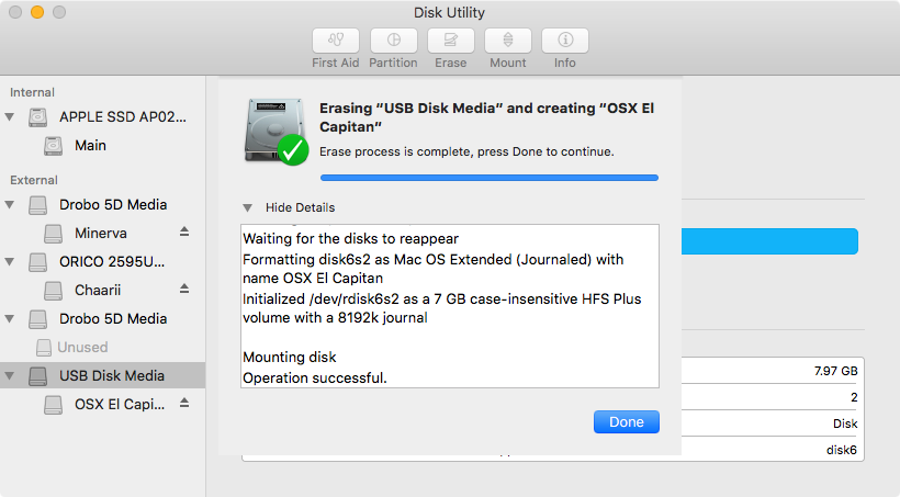 Disk Utility only takes a few moments to finish erasing the USB drive.