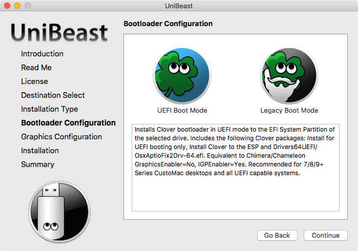 On UniBeast's Bootloader Configuration screen, I selected UEFI Boot Mode.