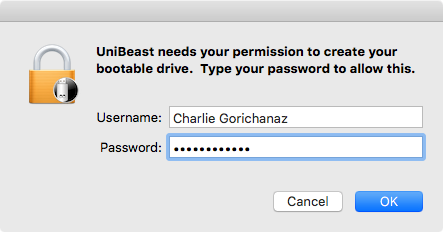 Before creating the bootable USB installation, UniBeast requires your password.