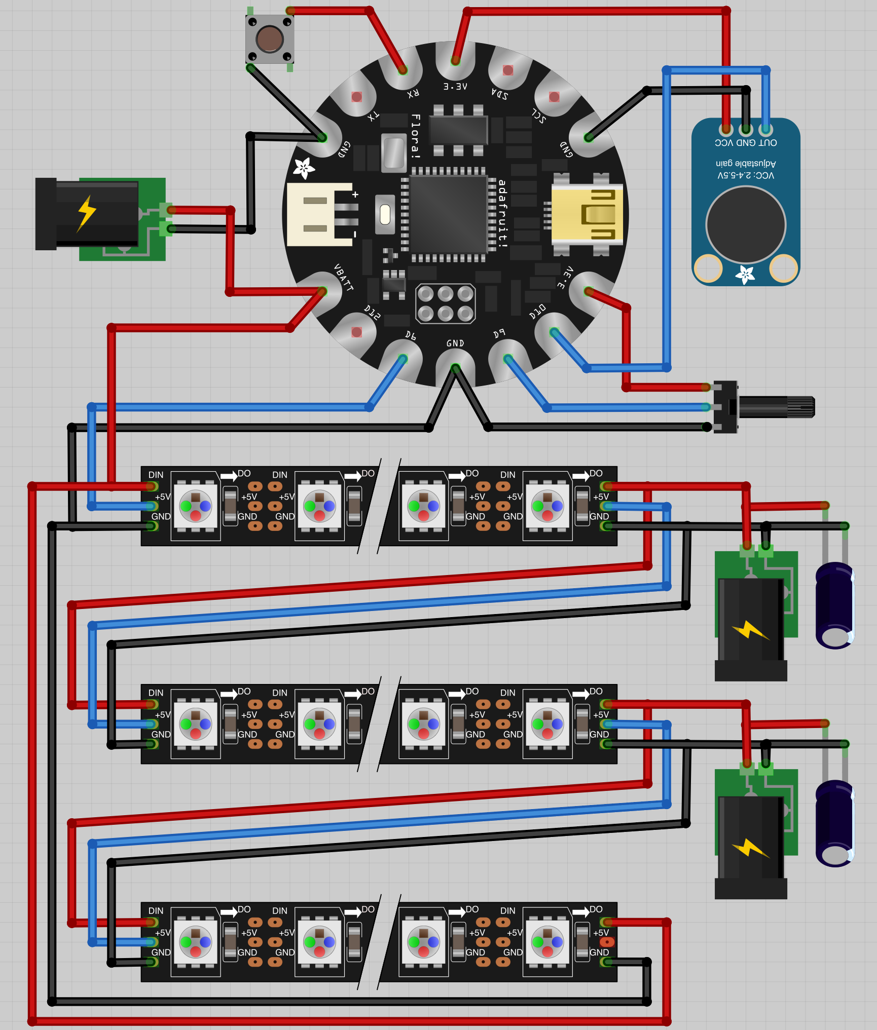 Room lights diagram. Note the NeoPixels image has the data and +5V switched. The data is actually between the ground and voltage.