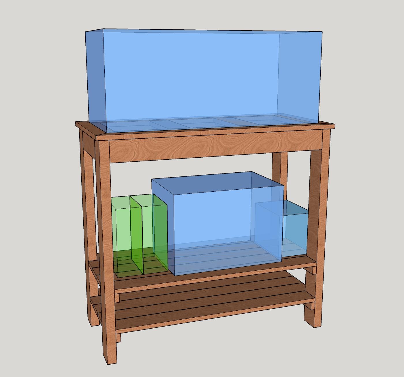 Second draft of aquarium stand with shelves showing the tanks I intend to keep on it, designed in SketchUp