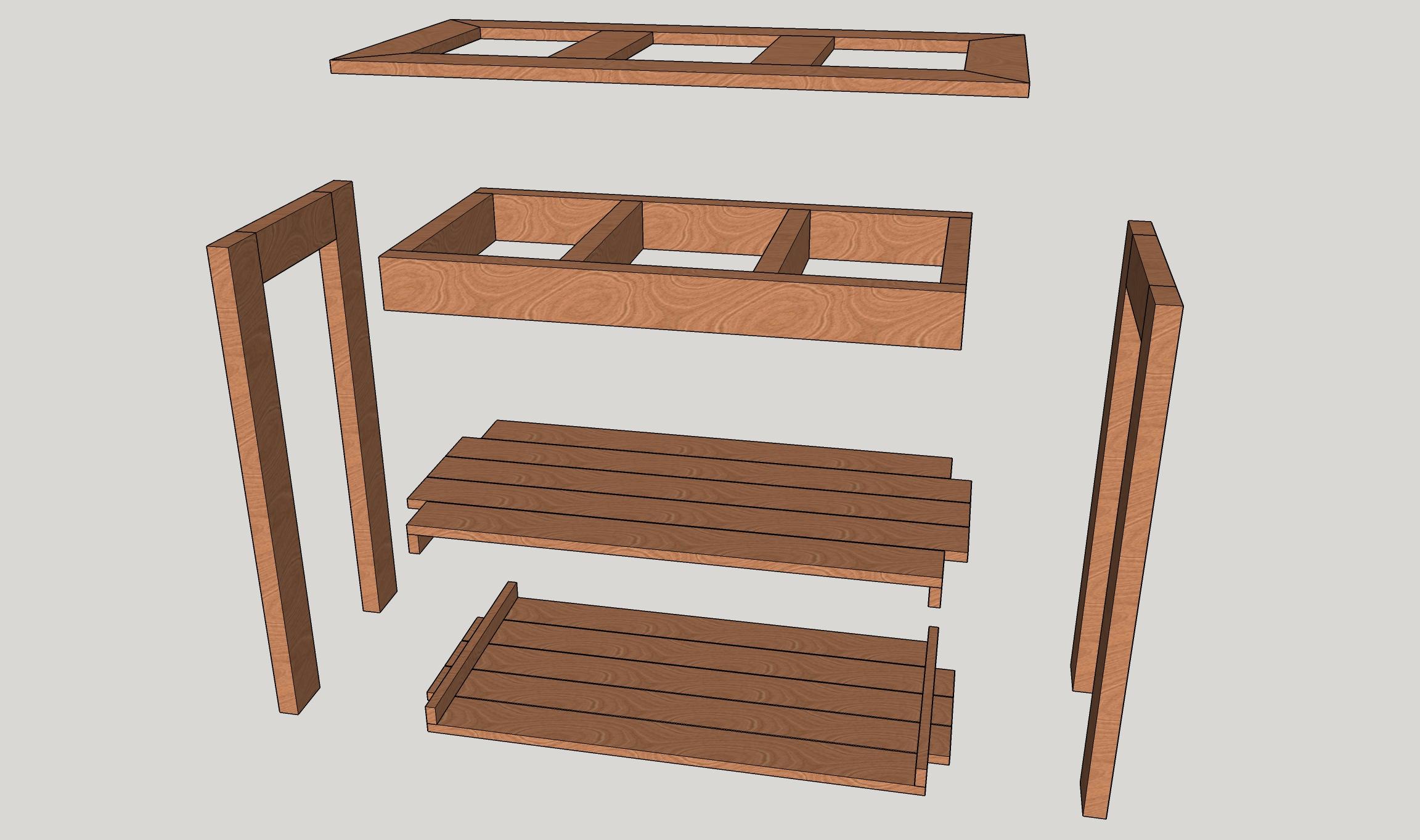 Second draft of aquarium stand with shelves, exploded, designed in SketchUp