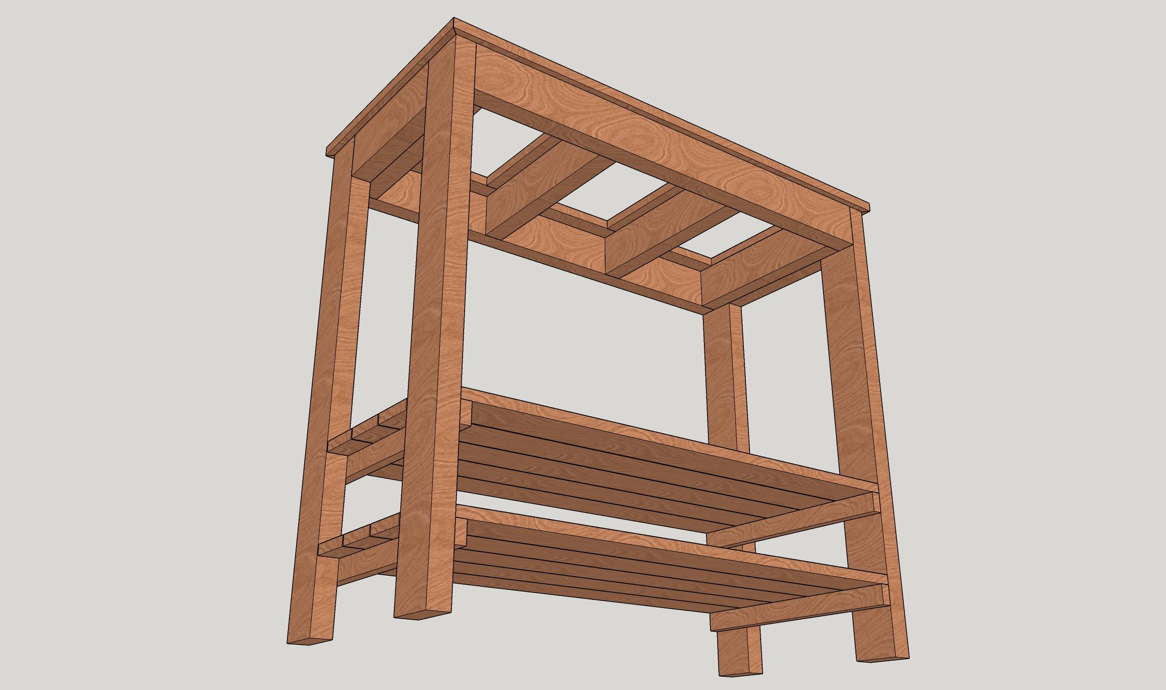 Second draft of aquarium stand with shelves, low view, designed in SketchUp