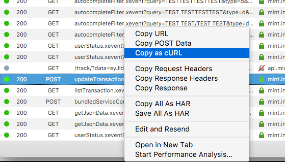 I right clicked the updateTransaction.xevent request and selected *Copy as cURL*.