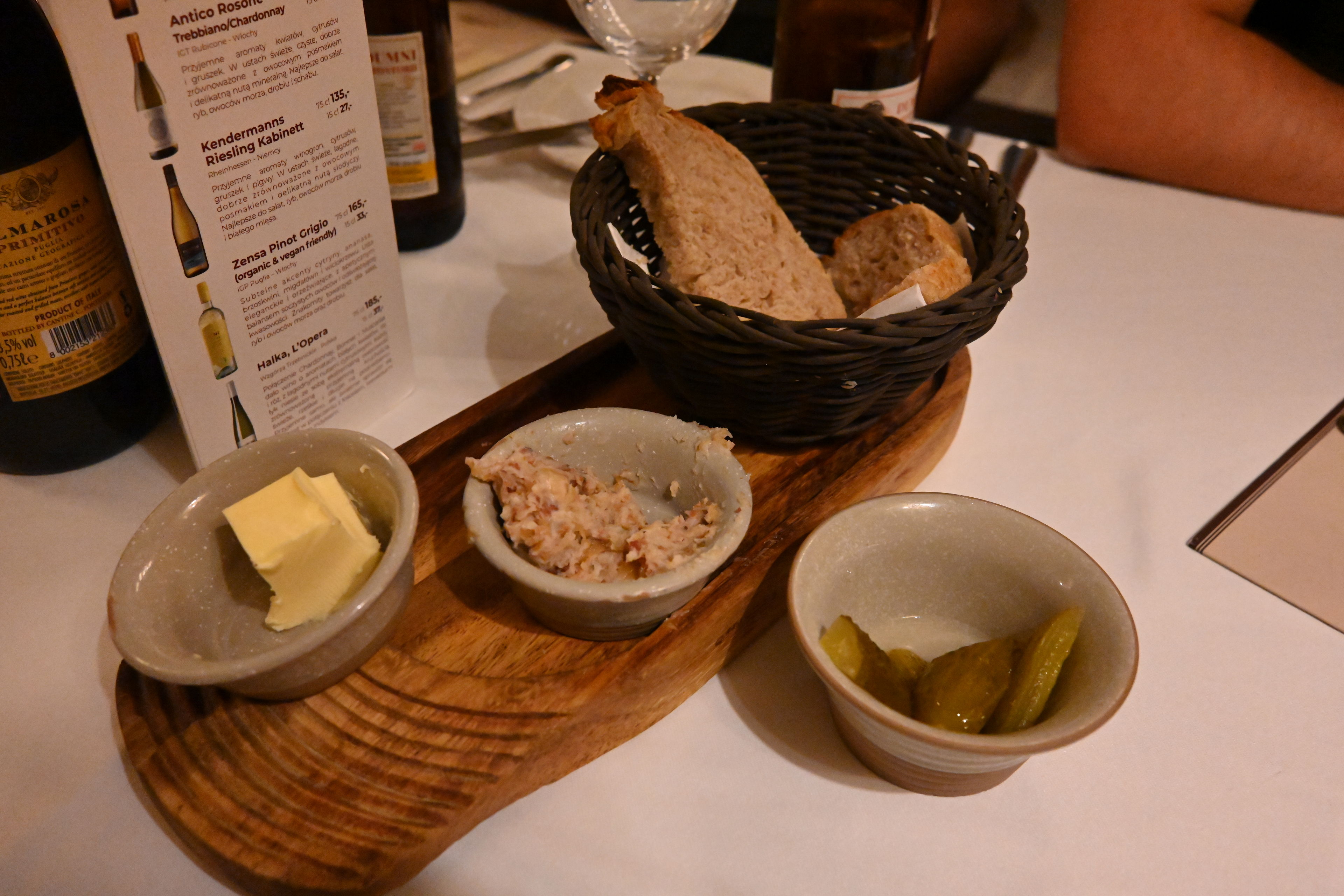 Thursday we took our new team out for dinner at Stary Dom, a traditional Polish place. They serve bread not just with butter but also with a pork fat mixture, and with pickles!