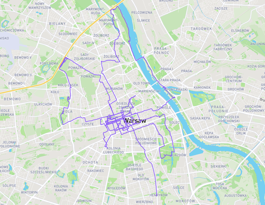 The cumulative GPS tracklogs from my walks and runs in Warsaw this week, as shown on my CityStrides Lifemap.