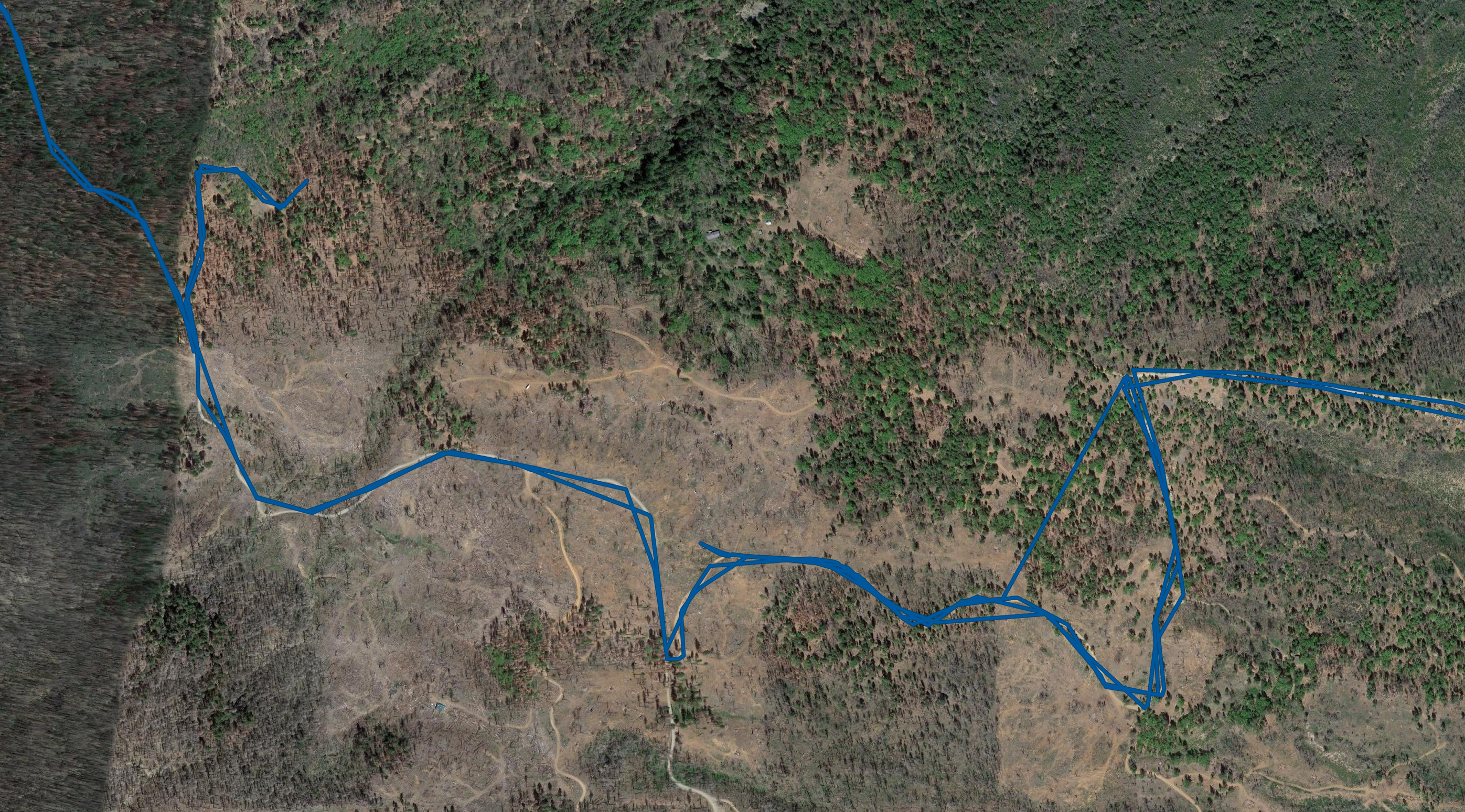 This is the Google Maps picture of our drive through Goat Mountain Road. It's not very accurate, as can be seen from the aerial photo. A large segment of the road is now private property, and another small connector doesn't exist anymore, but was apparently moved further down.