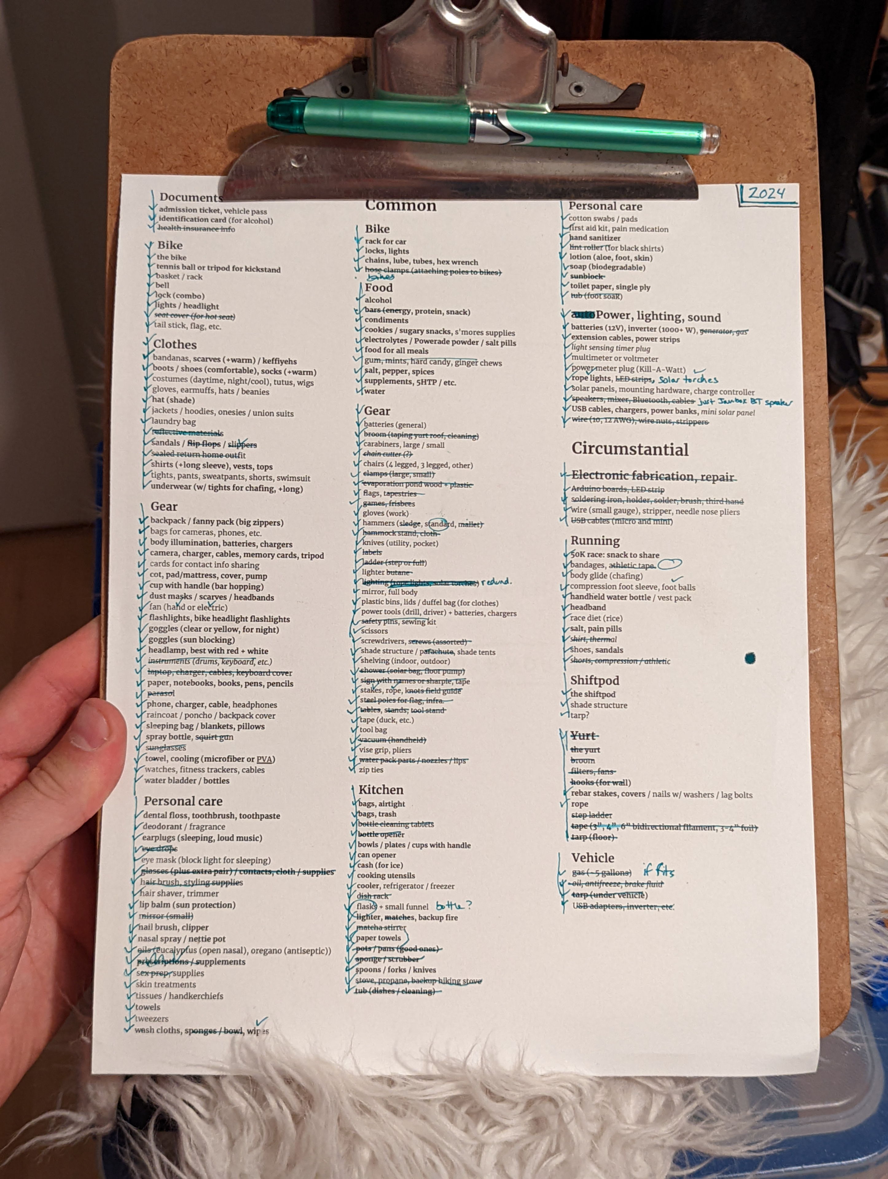 I created this list format last time in 2022, and it worked pretty well. In years past I had various complicated spreadsheets, but this was simpler to deal with. I updated it based on my notes from many of the years, and then crossed off many things on account of trying to have a "low key" year.