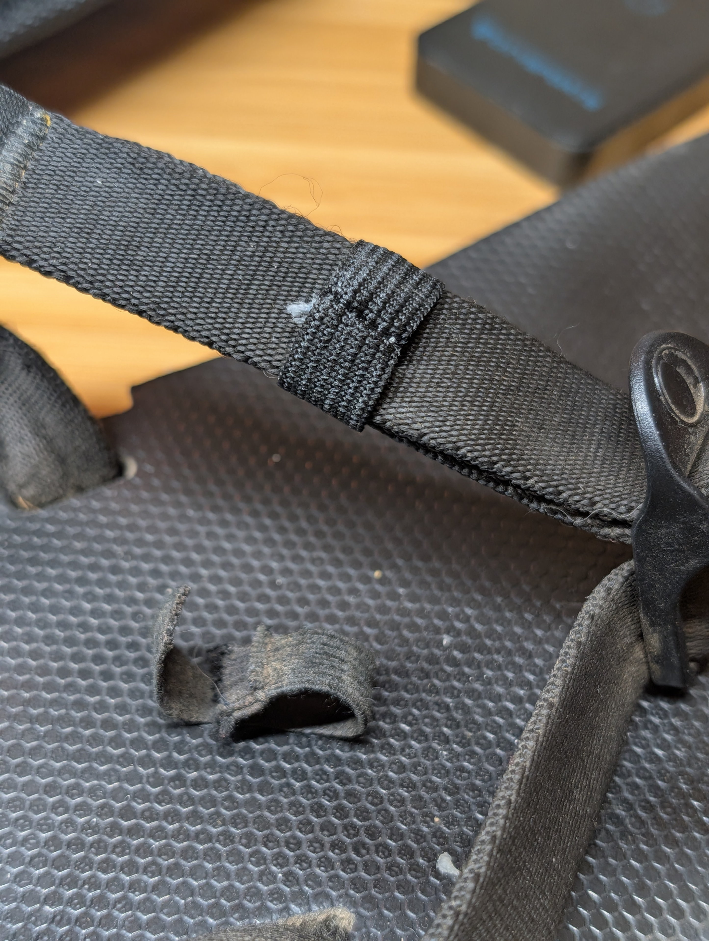 The loss of elasticity of this strap has been annoying me, so I bought a roll of new stuff and sewed it in. I should have done that sooner!