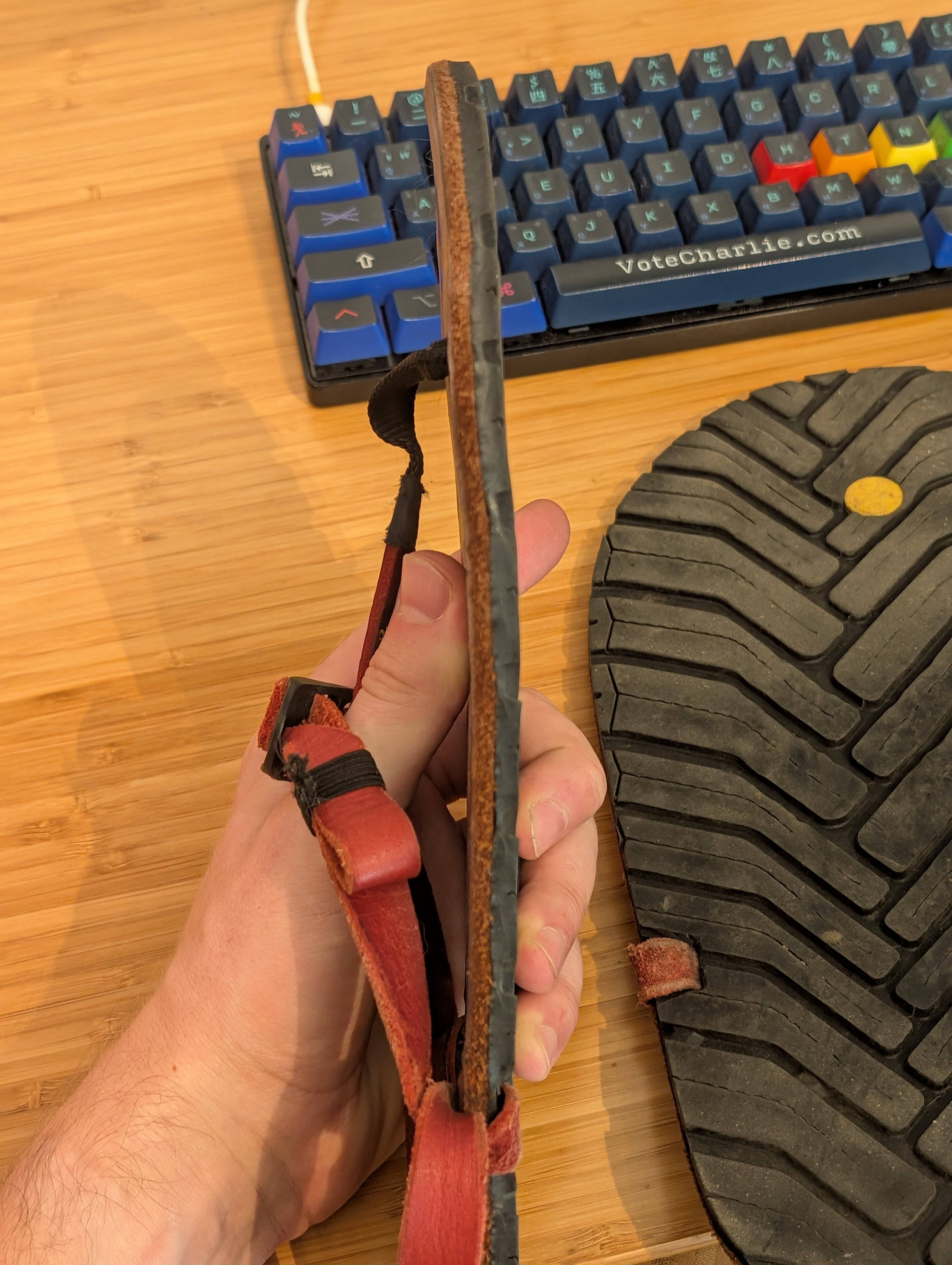 The state of some of my running sandals. I have been wearing these for walking for quite a while, but they have not formed to my feet at all. They still just feel like flappy flat pieces of hard material. Tim suggested I might just need to run in them more.